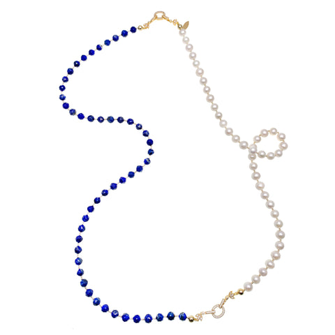 Farra Long Lapis Lazuli, Pearl and Rhinestone Charm Necklace,Farra Jewelry - Shopidpearl