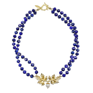 Farra Double Strand Lapis Lazuli, Gold Leaves with Pearl Acorn Charm Necklace - shop idPearl