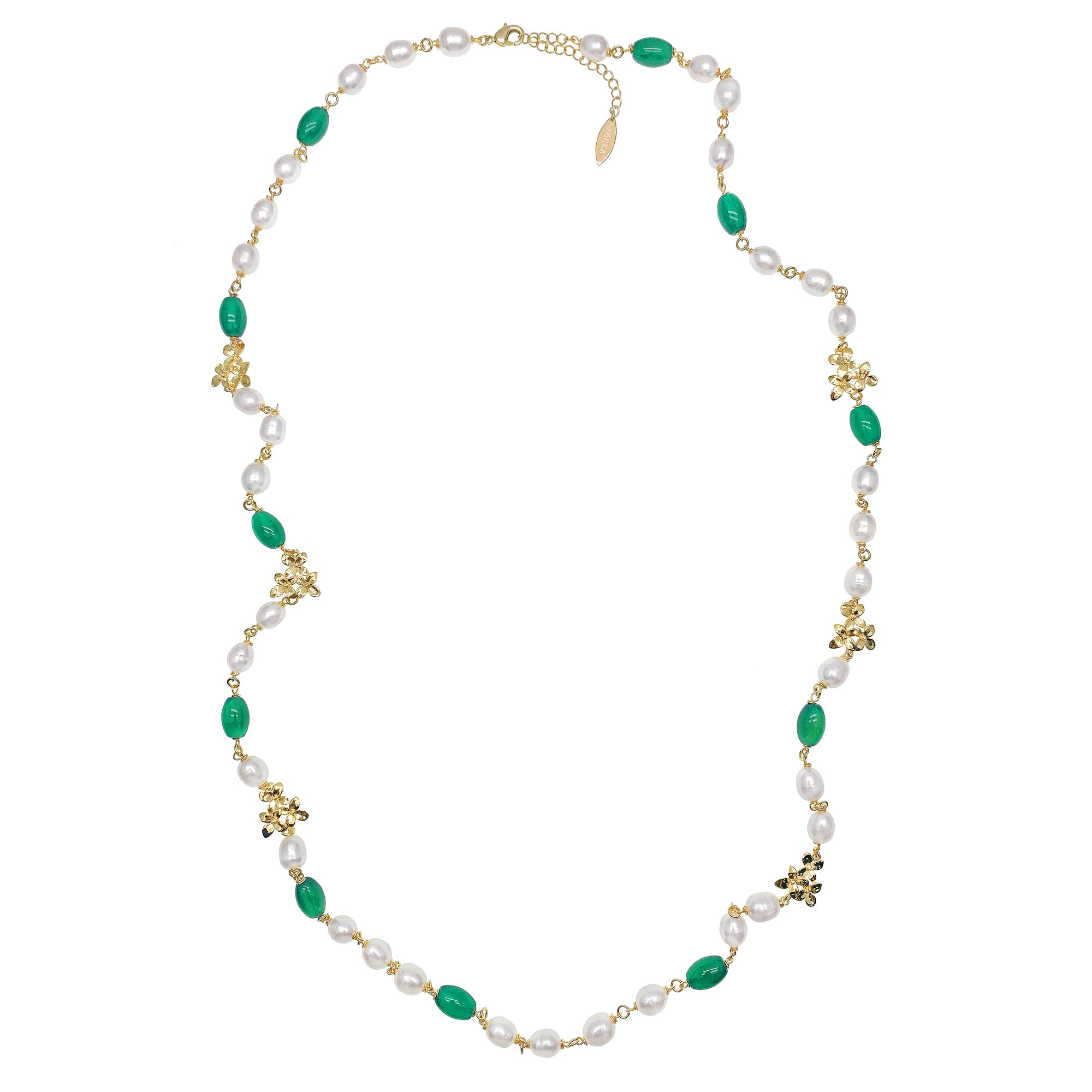 Farra Long Green Agate, Pearl and Gold Charm Necklace - shop idPearl