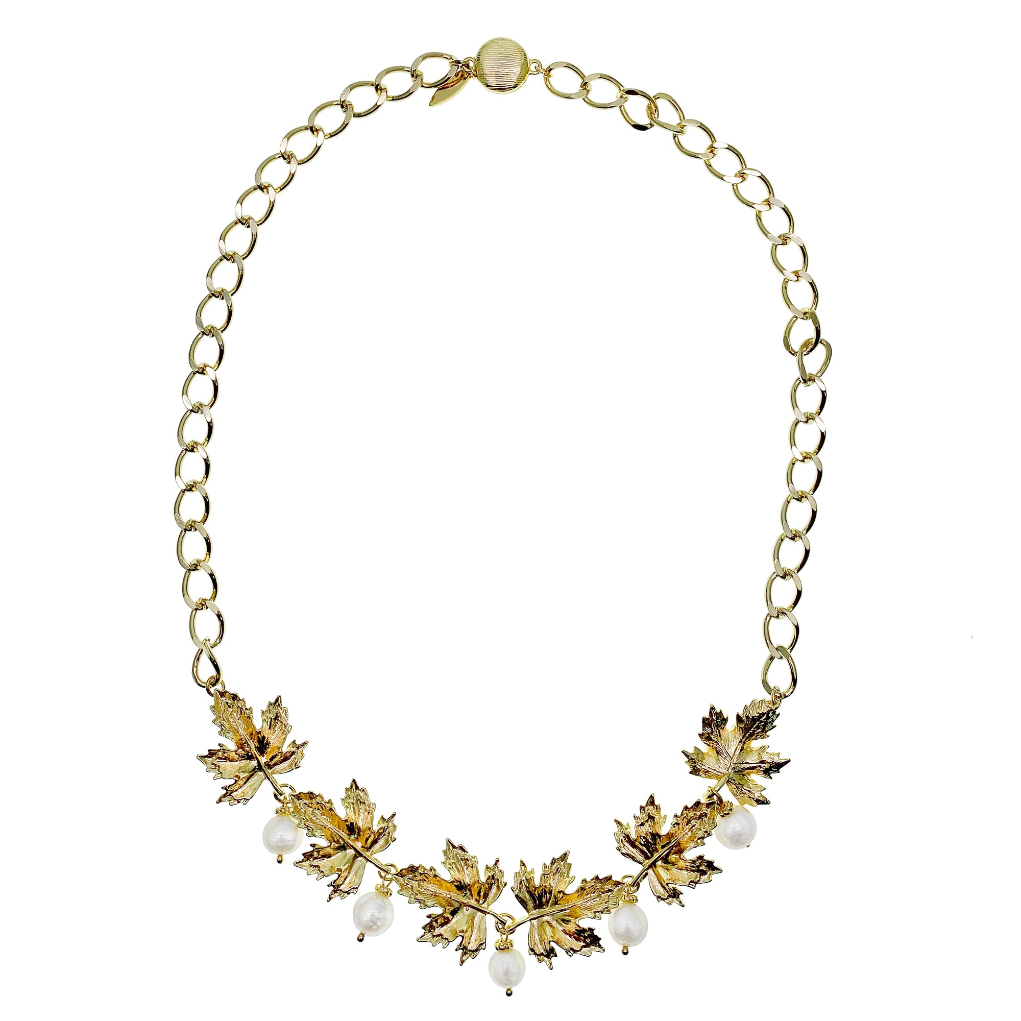 Farra Gold Chain, Leaves and Pearls Necklace - shop idPearl