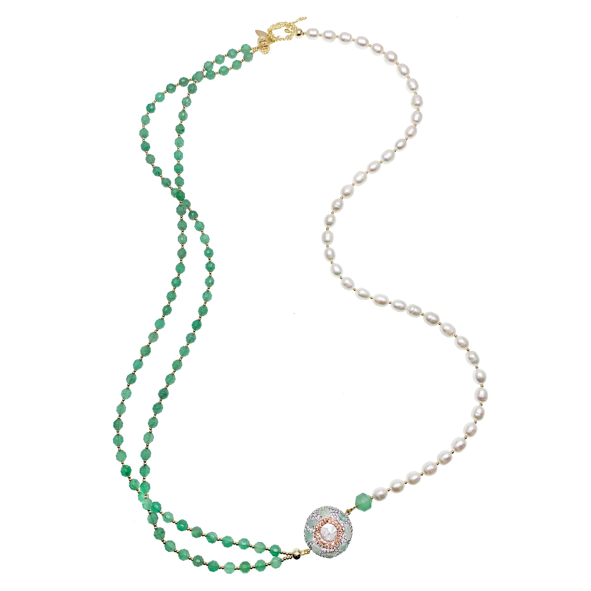 Farra Long Green Aventurine and Pearl Charm Necklace - shop idPearl