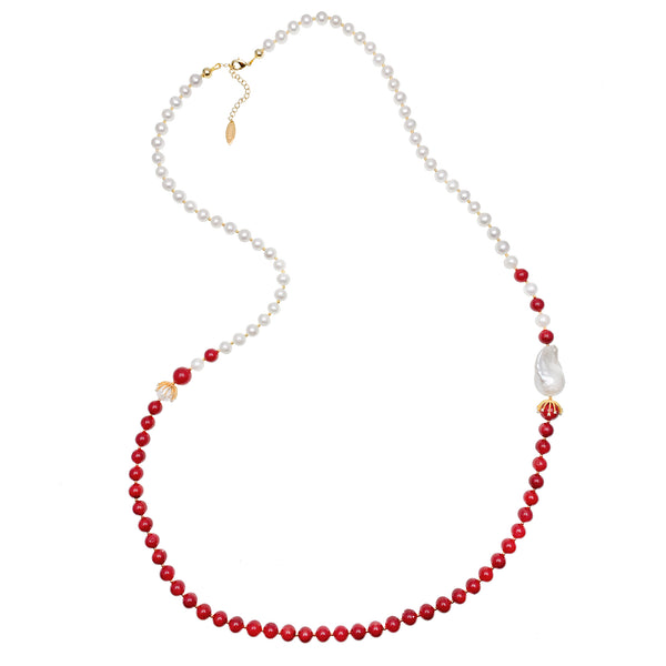 Farra Long Red Coral and Baroque Pearl Necklace - shop idPearl