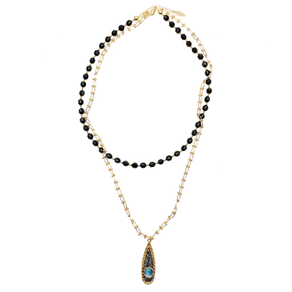 Farra Black Obsidian, Gold Chain with Opal Rhinestone Pendant Necklace - shop idPearl