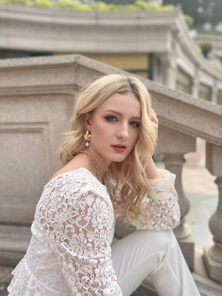 Farra Pearl & Gold Leaf Charm Earrings - shop idPearl