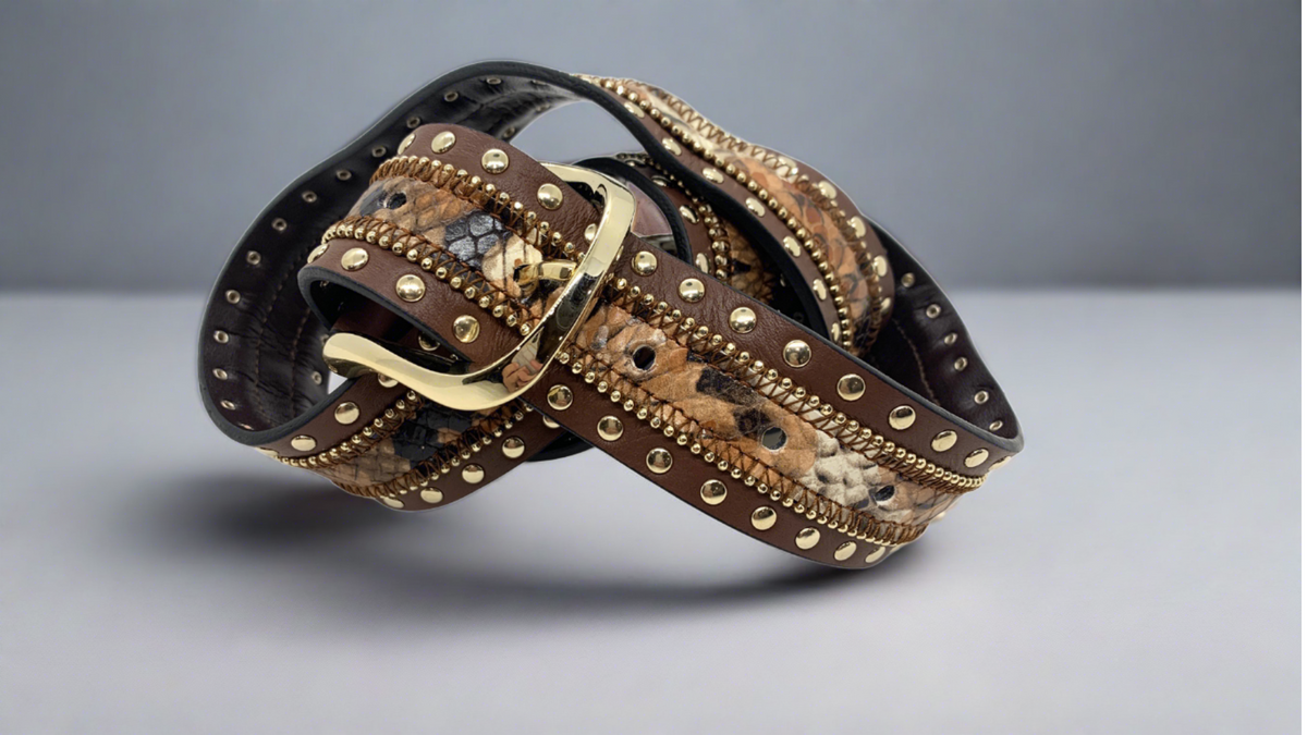 Italian Tan and Black Gold Studded Belt with Gold Buckle by  display picture 2