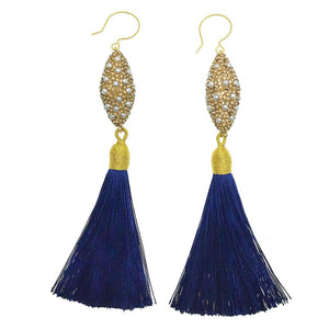 Pearl Inlaid Gold Charm and Blue Tassel Earrings - shop idPearl