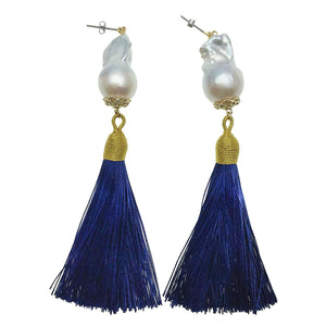 Baroque Pearl and Blue Tassel Earrings - shop idPearl