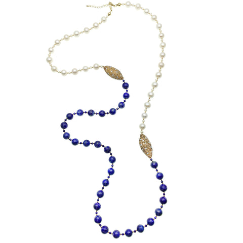 Long Pearl, Lapis Lazuli and Pearl Inlaid Gold Bead Necklace - shop idPearl