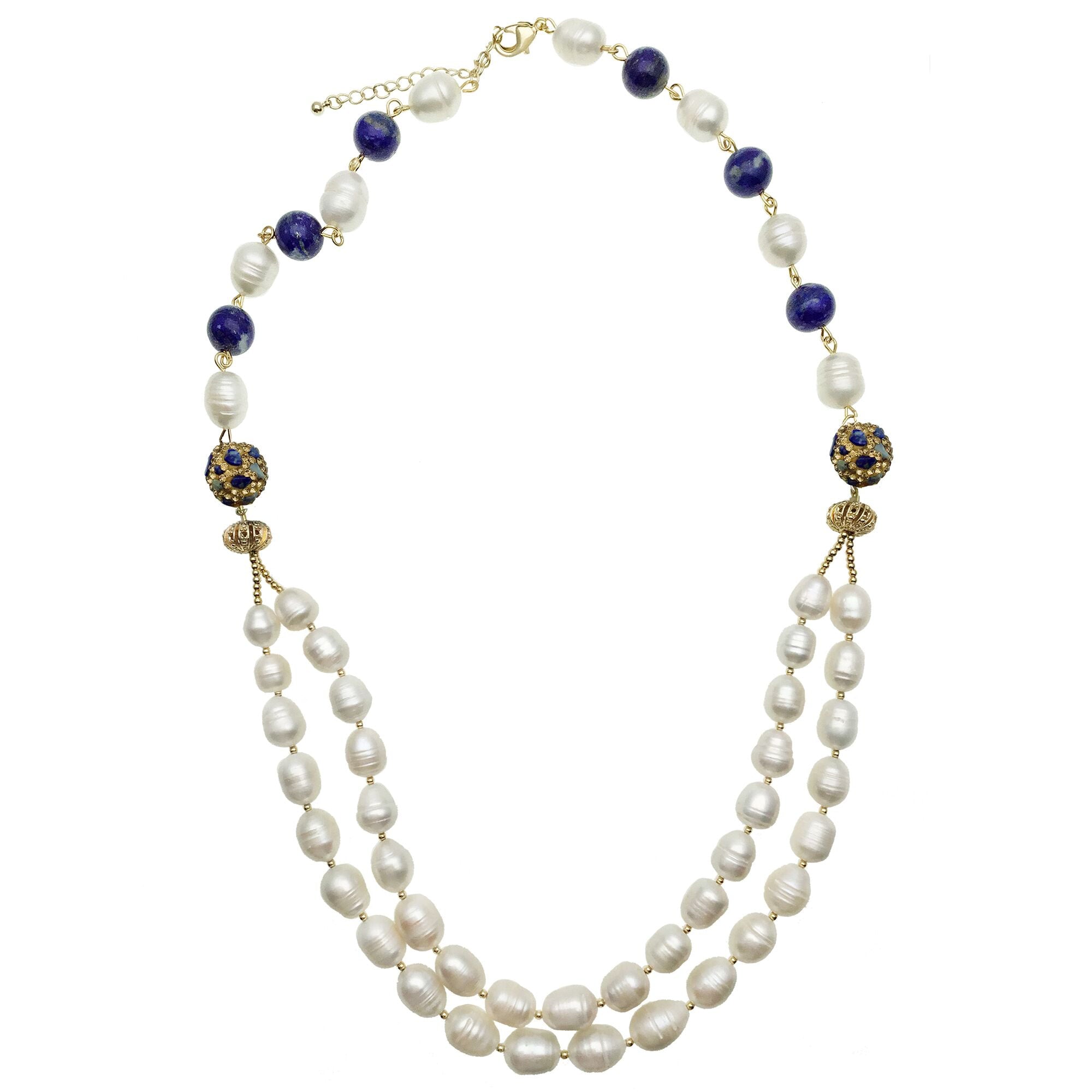 Double Stranded Pearl and Lapis Lazuli Bead Necklace - shop idPearl