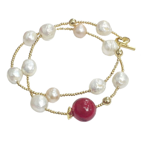 Double Wrap Red Coral and Pearl Bracelet - shop idPearl