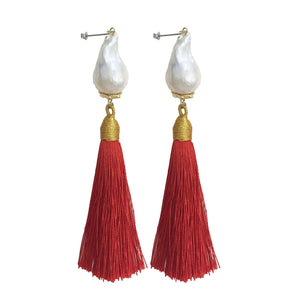 Baroque Pearl and Red Tassel Earrings - shop idPearl