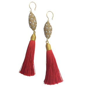 Pearl Inlaid Gold Charm and Red Tassel Earrings - shop idPearl
