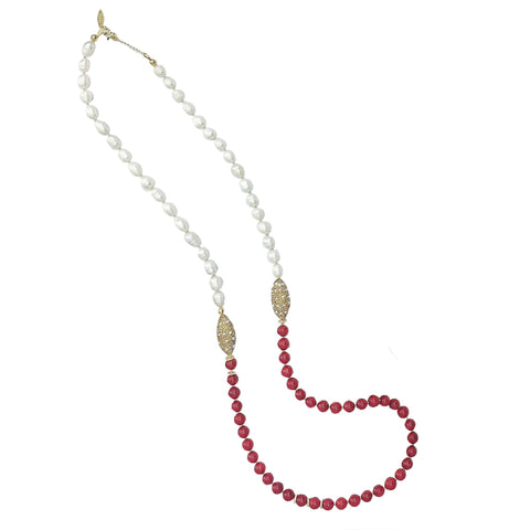 Long Red Coral, Pearl and Pearl Inlaid Gold Bead Necklace - shop idPearl
