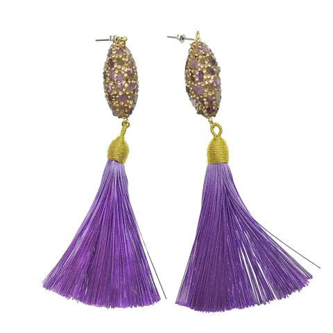 Amethyst Inlaid Charm with Purple Tassel Earrings - shop idPearl