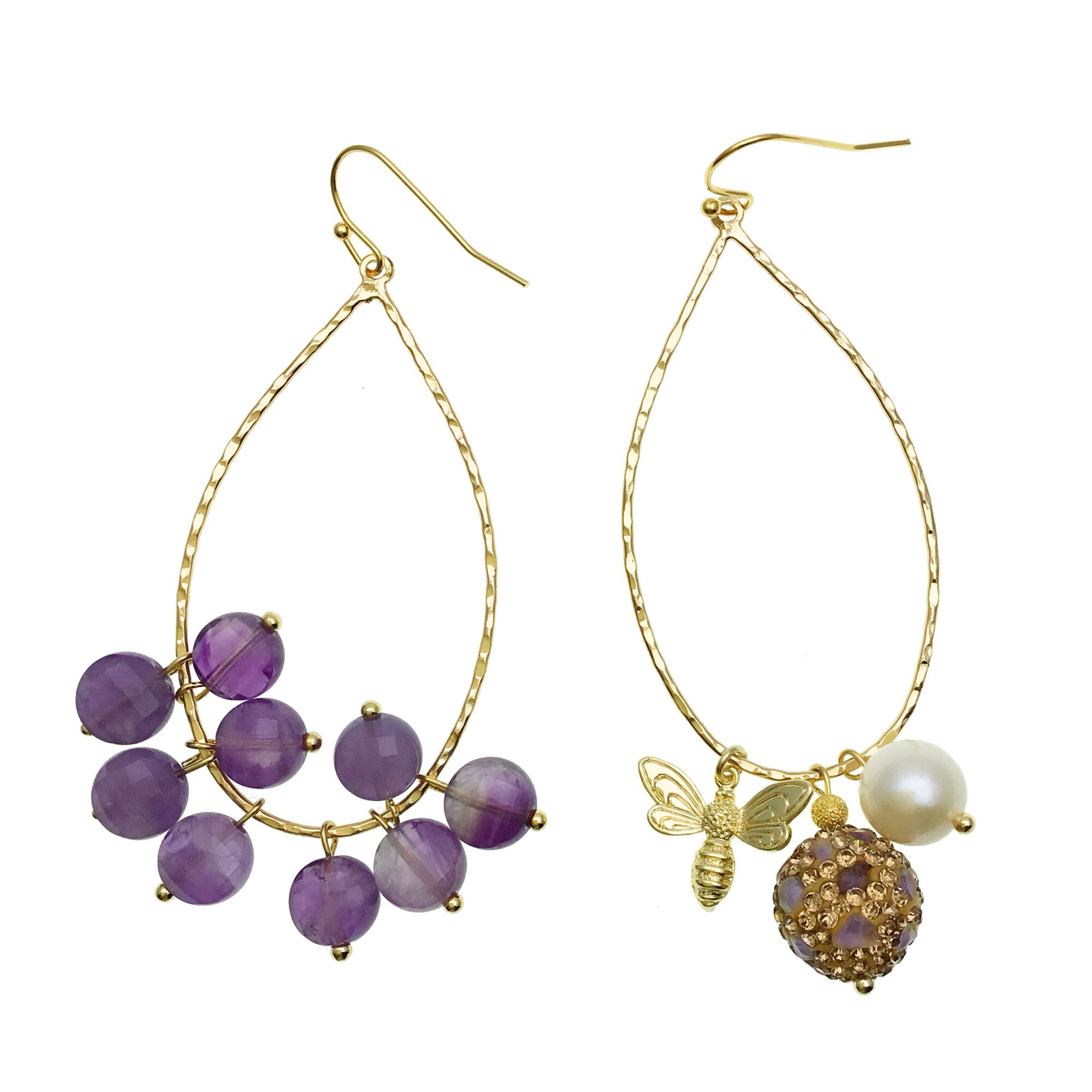 Amethyst and Gold Charms Hoop Earrings - shop idPearl