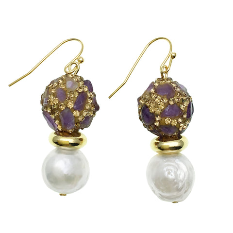 Pearl and Amethyst Inlaid Gold Bead Earrings - shop idPearl