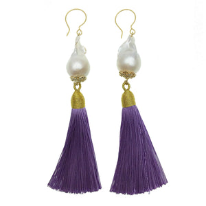 Baroque Pearl and Purple Tassel Earrings - shop idPearl