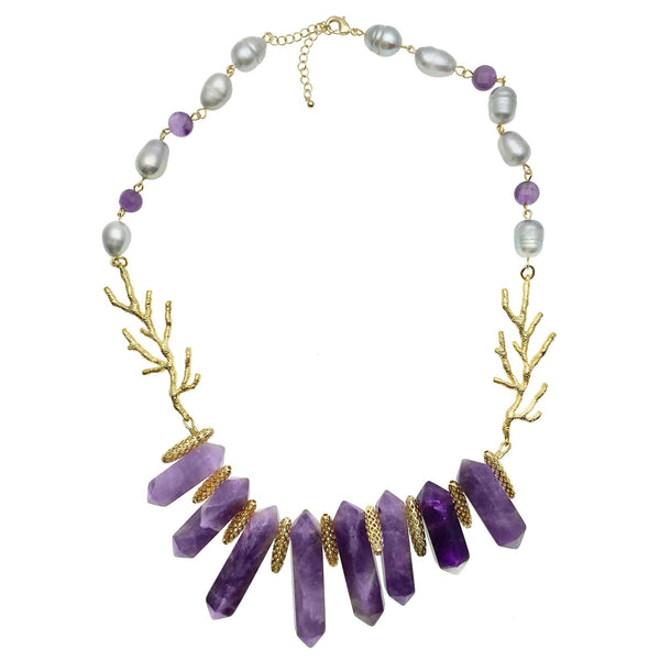 Gold Coral Charm Amethyst Stone and Pearl Necklace - shop idPearl