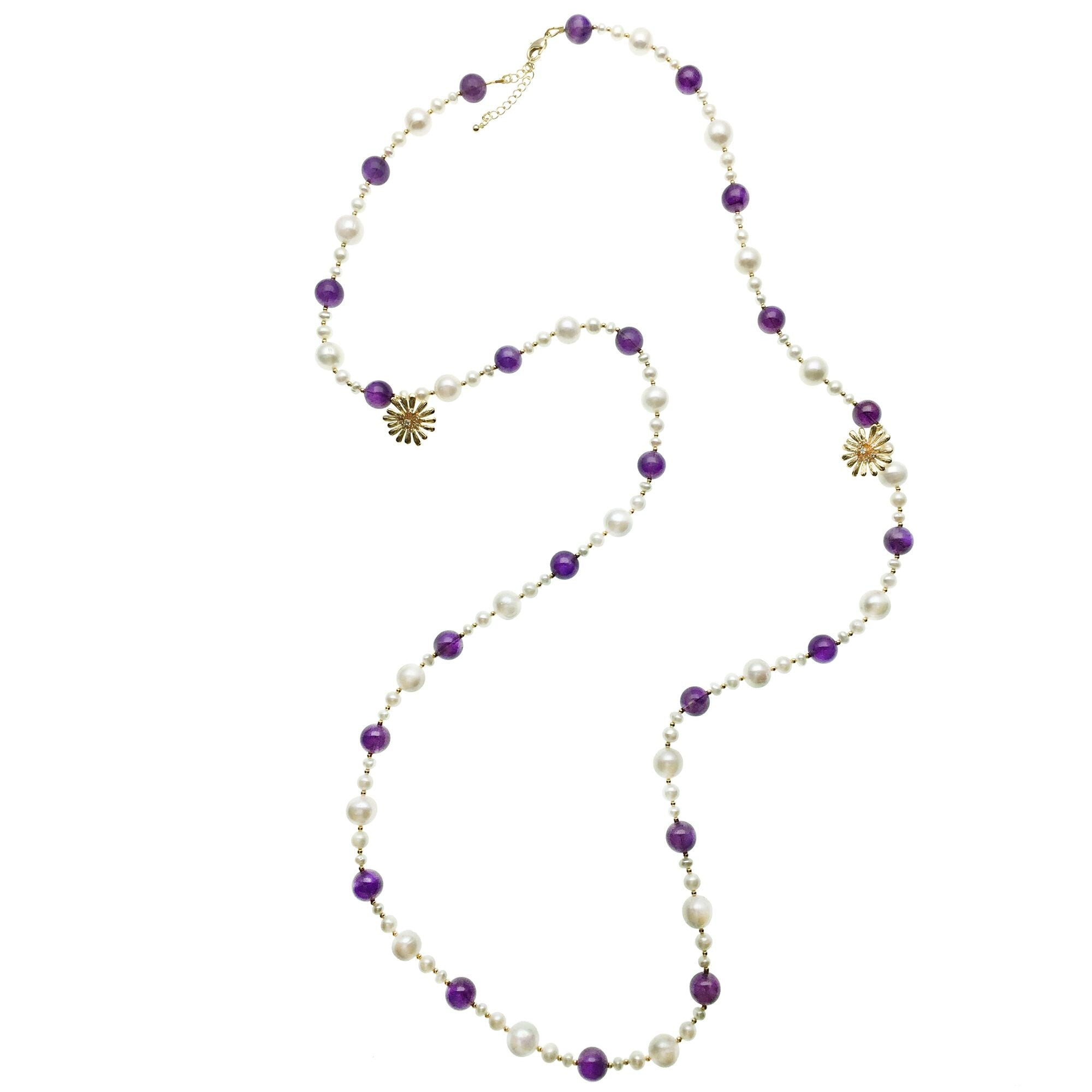 Long Amethyst, Pearl and Gold Flower Charm Necklace - shop idPearl