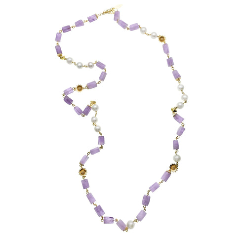 Long Amethyst, Pearl and Sunflower Charm Necklace - shop idPearl