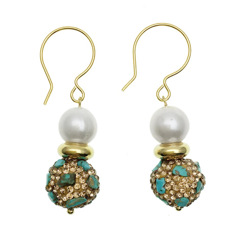 Pearl and Turquoise Inlaid Bead Earrings - shop idPearl