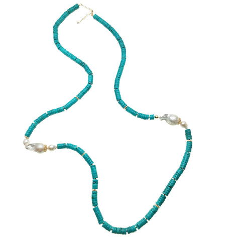 Baroque Pearl and Turquoise Disks Necklace - shop idPearl