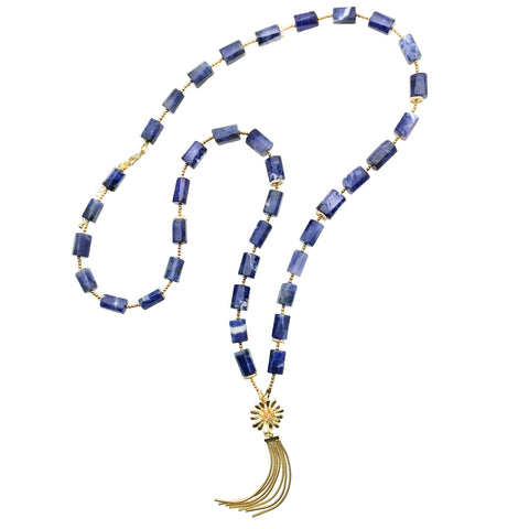 Long Sodalite and Gold Flower Tassel Necklace - shop idPearl