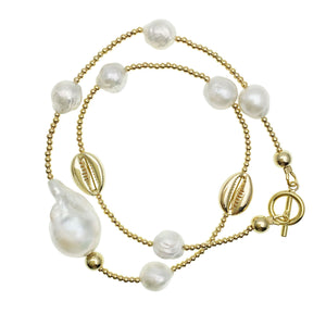Double Wrap Baroque Pearl and Gold Shell Bracelet - shop idPearl