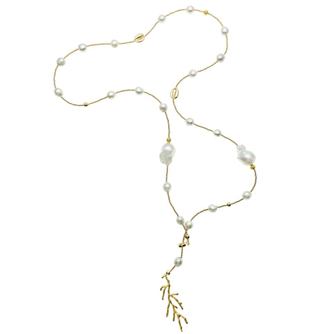 Long Baroque Pearl and Gold Coral Charm Necklace - shop idPearl