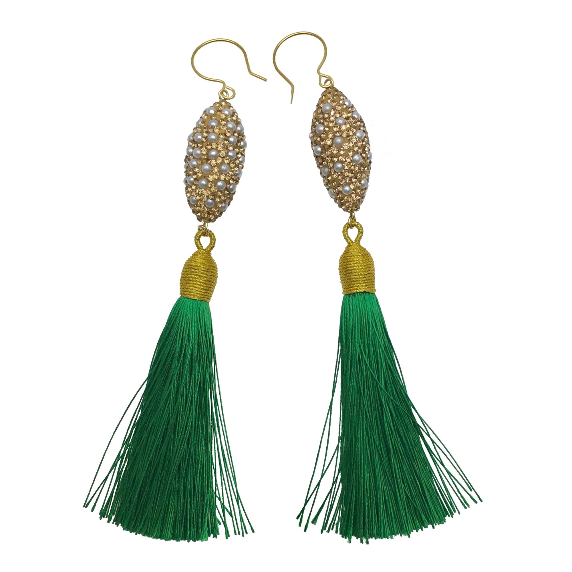 Pearl Inlaid Charm and Green Tassel Earrings - shop idPearl