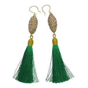 Pearl Inlaid Charm and Green Tassel Earrings - shop idPearl