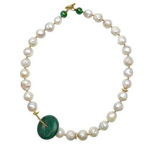 Pearl and Malachite Disk Necklace - shop idPearl