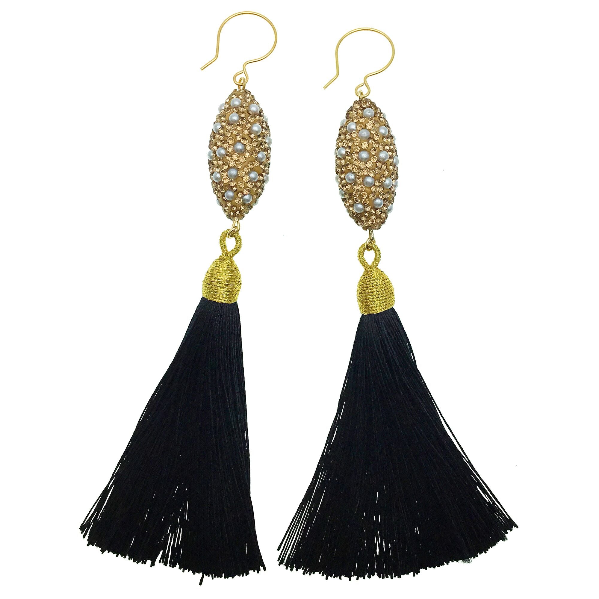 Inlaid Pearl Charm and Black Tassel Earrings - shop idPearl