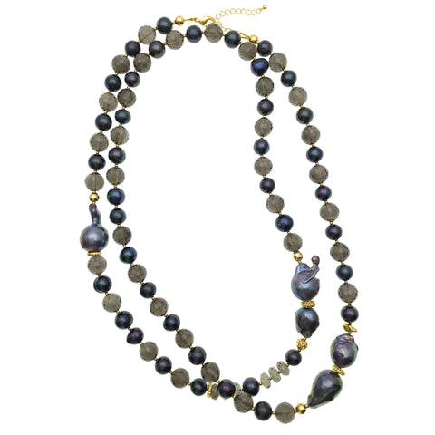 Long Blue Baroque Pearl and Smoky Quartz Necklace - shop idPearl
