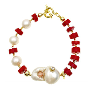 Red Coral Disks with Inlaid Baroque Pearl and White Pearls Bracelet - shop idPearl