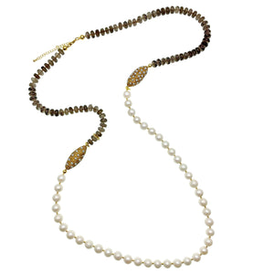 Long Pearl, Smoky Quartz and Pearl Inlaid Gold Beads Necklace - shop idPearl